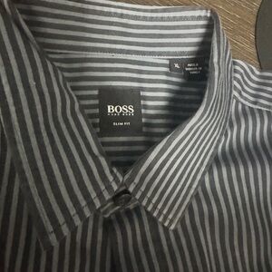 Boss Men's Charcoal and Gray Striped Dress Shirt